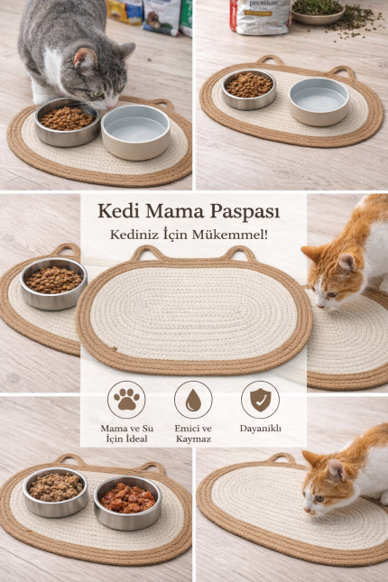 Halat İp Kedi Mama Paspası – 47x33 cm Yıkanabilir Mama Matı